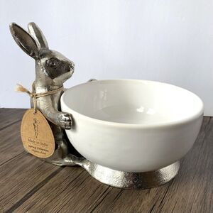 White Porcelain Metal Bunny Rabbit Candy Dish Bowl Farm Cottage Core Spring Deco